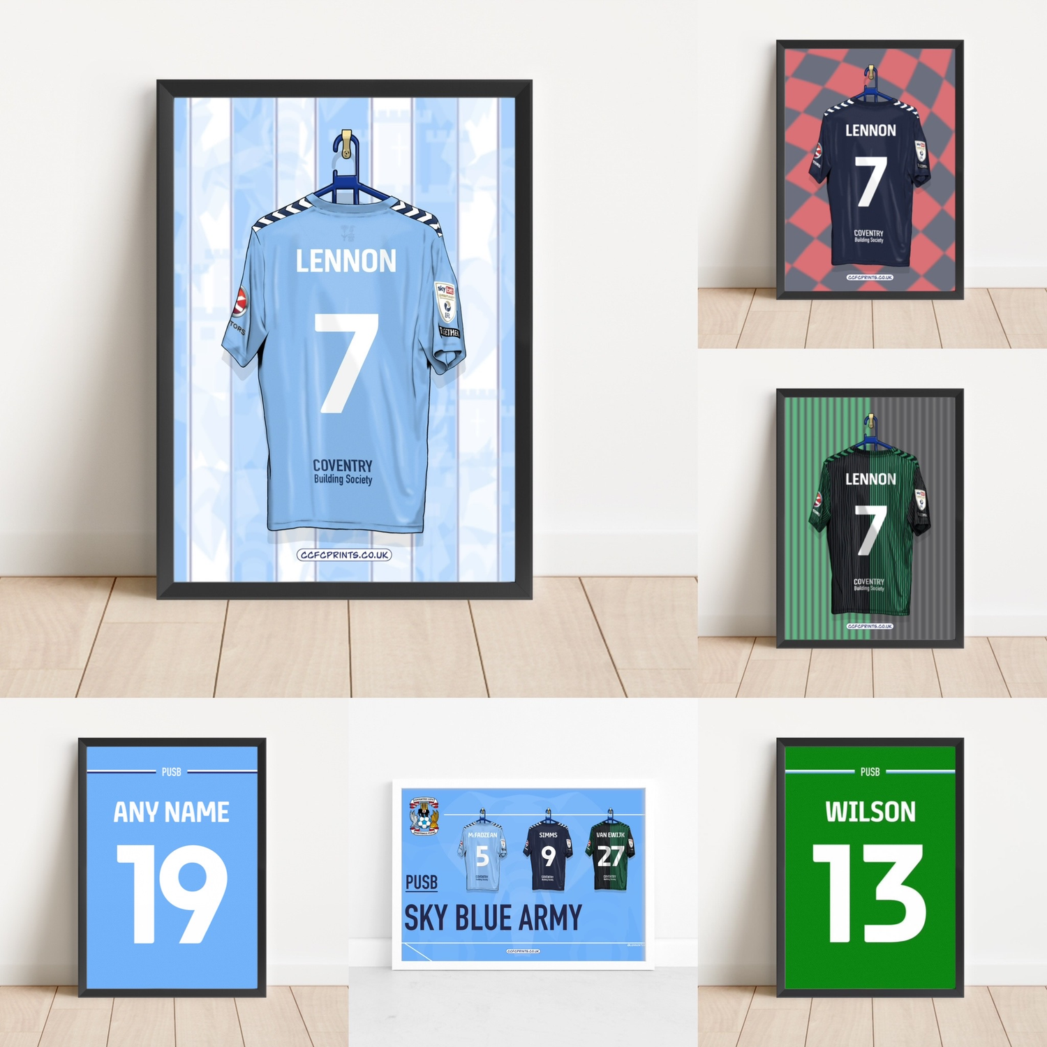 Examples of personalised Coventry city shirt prints