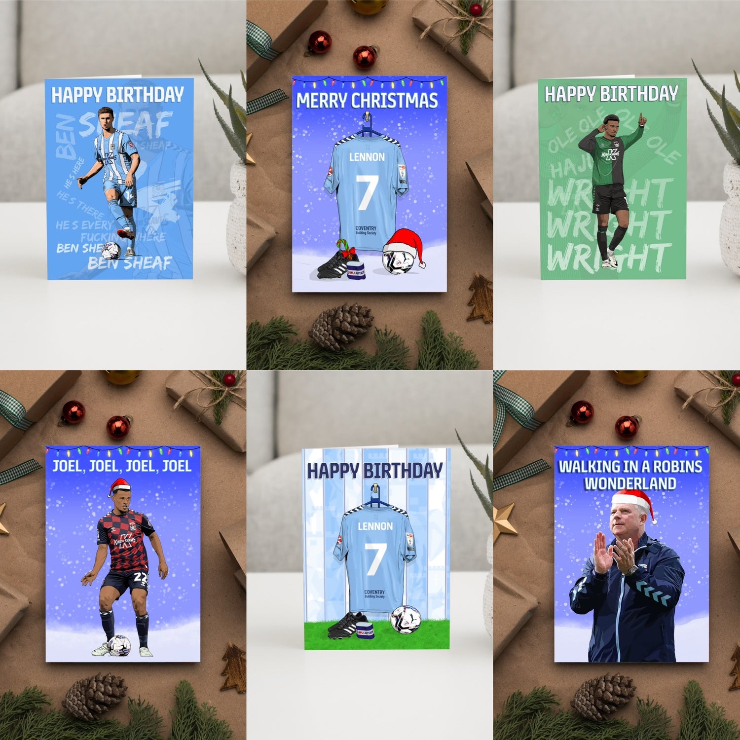 6 example Coventry City themed greeting cards for birthday and Christmas