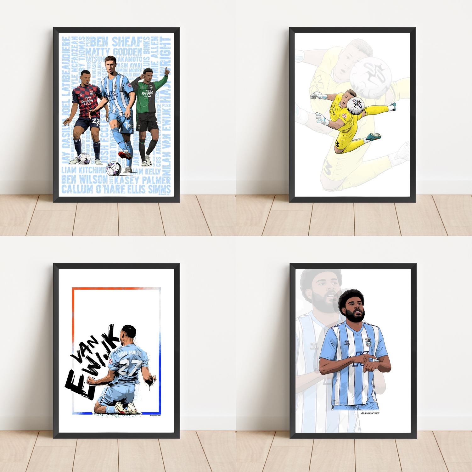 4x example Coventry city prints featuring Sheaf, LATIBEAUDIERE, Wright, Wilson, Simms and Van Ewijk.