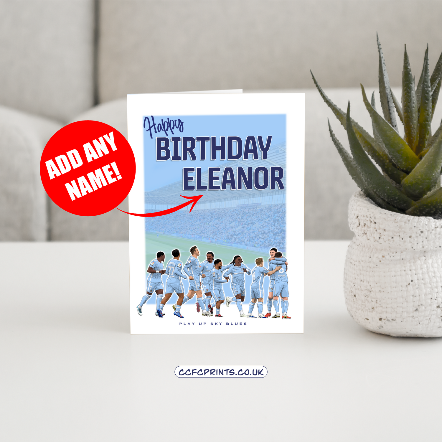 6 example Coventry City themed greeting cards for birthday and Christmas